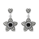 Sterling Silver 925 Earring Embedded With Natural Black Agate And Marcasite Stones