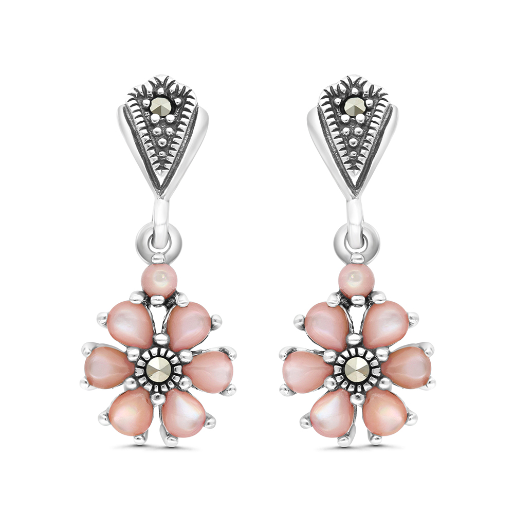 Sterling Silver 925 Earring Embedded With Natural Pink Shell And Marcasite Stones