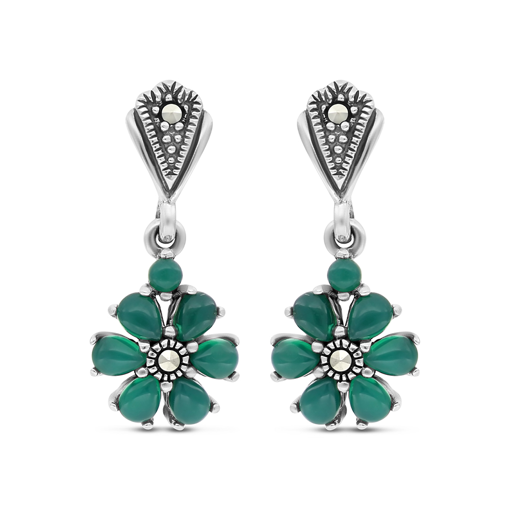 Sterling Silver 925 Earring Embedded With Natural Green Agate And Marcasite Stones