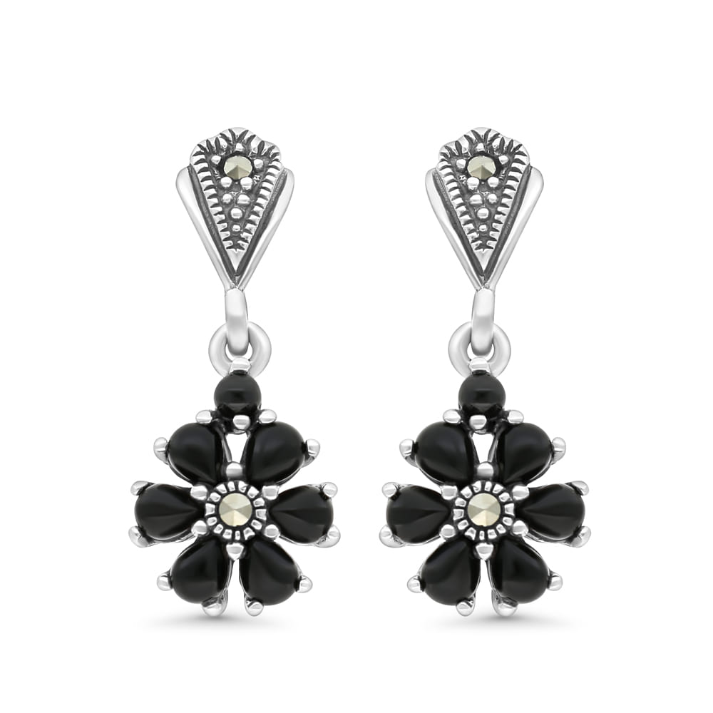 Sterling Silver 925 Earring Embedded With Natural Black Agate And Marcasite Stones