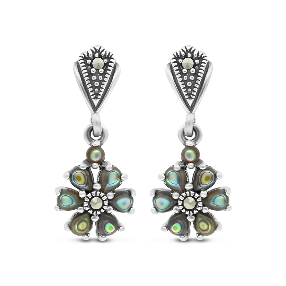 Sterling Silver 925 Earring Embedded With Natural Blue Shell And Marcasite Stones