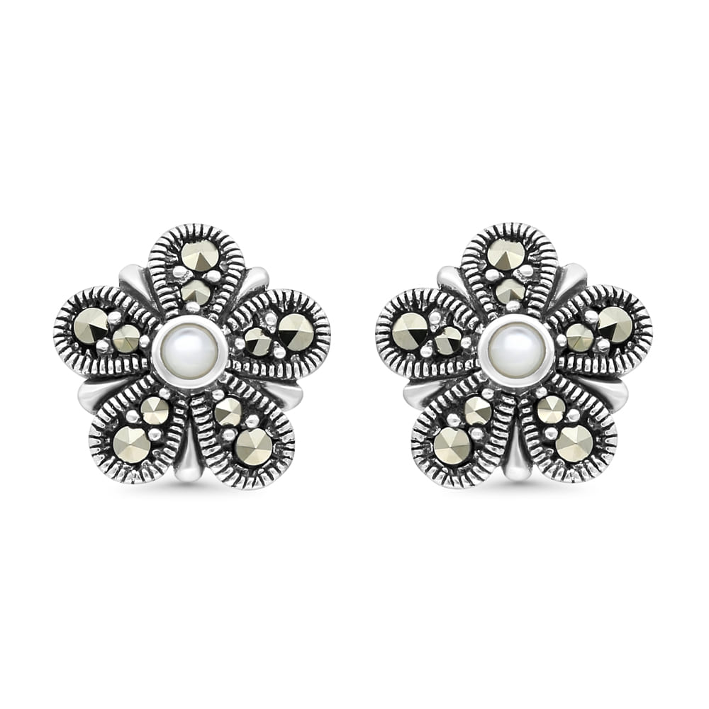 Sterling Silver 925 Earring Embedded With Natural White Shell And Marcasite Stones