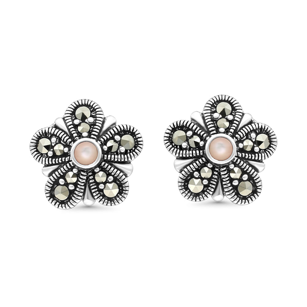 Sterling Silver 925 Earring Embedded With Natural Pink Shell And Marcasite Stones