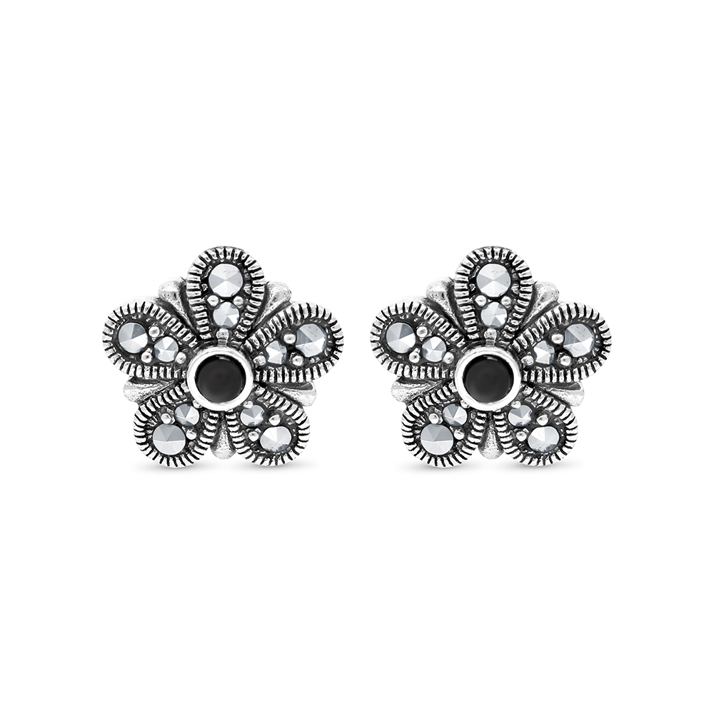 Sterling Silver 925 Earring Embedded With Natural Black Agate And Marcasite Stones