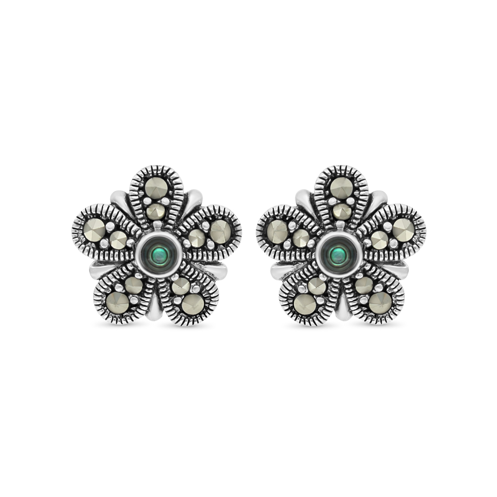 Sterling Silver 925 Earring Embedded With Natural Blue Shell And Marcasite Stones