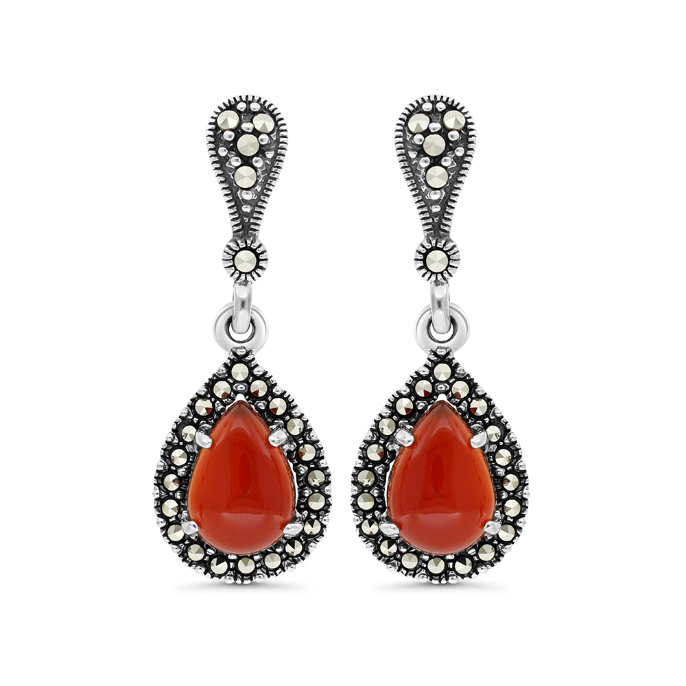 Sterling Silver 925 Earring Embedded With Natural Aqiq And Marcasite Stones