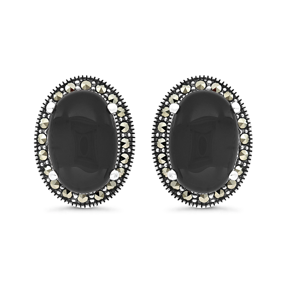 Sterling Silver 925 Earring Embedded With Natural Black Agate And Marcasite Stones