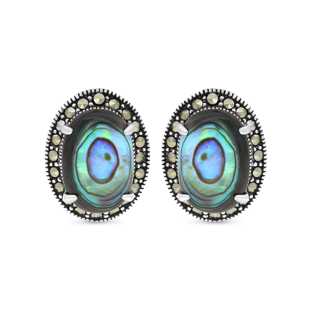 Sterling Silver 925 Earring Embedded With Natural Blue Shell And Marcasite Stones