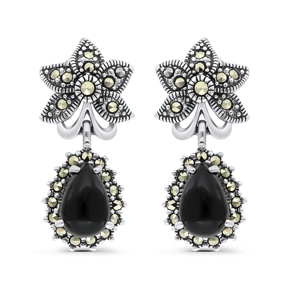 Sterling Silver 925 Earring Embedded With Natural Black Agate And Marcasite Stones
