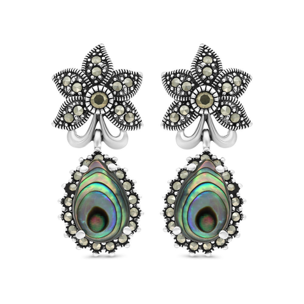 Sterling Silver 925 Earring Embedded With Natural Blue Shell And Marcasite Stones