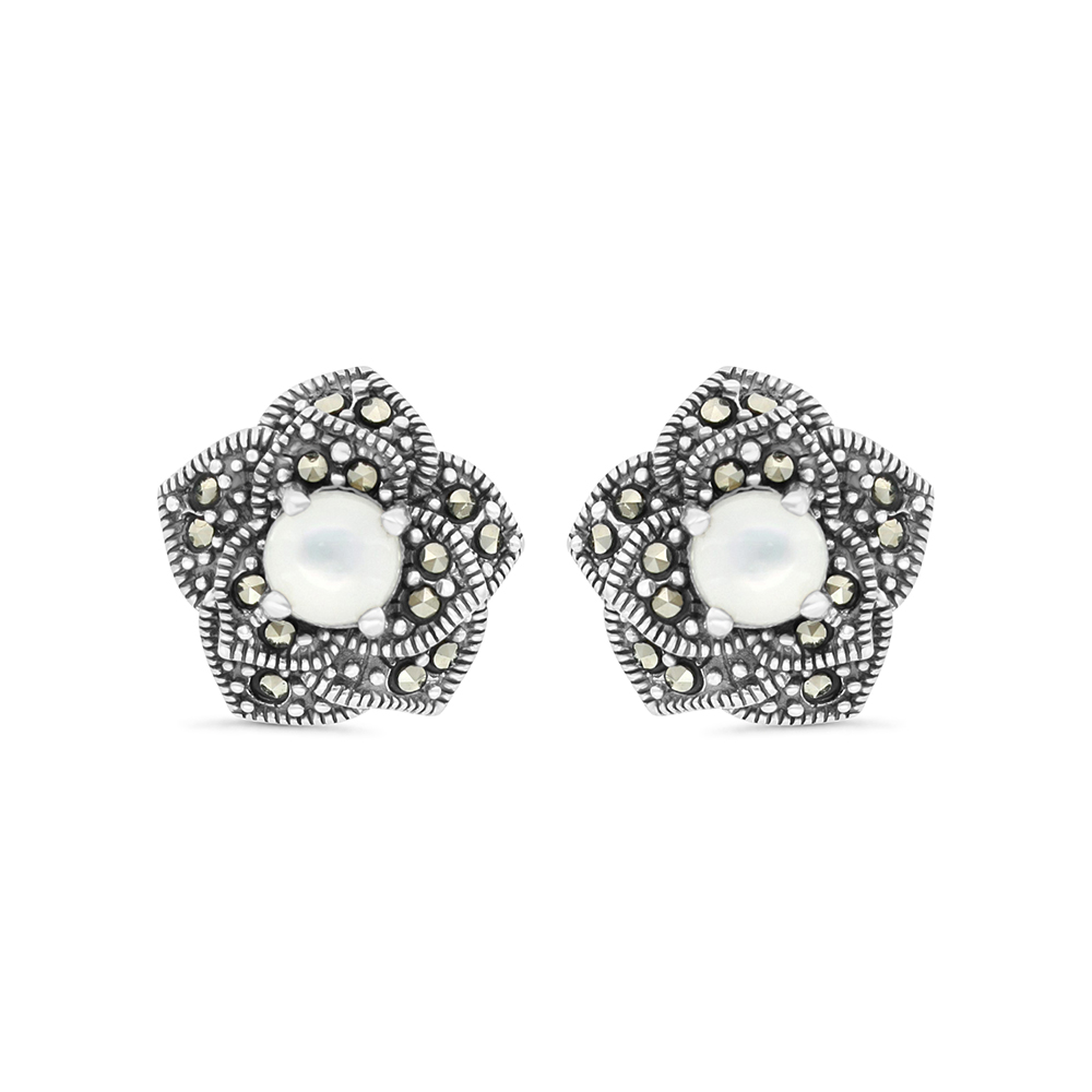 Sterling Silver 925 Earring Embedded With Natural White Shell And Marcasite Stones