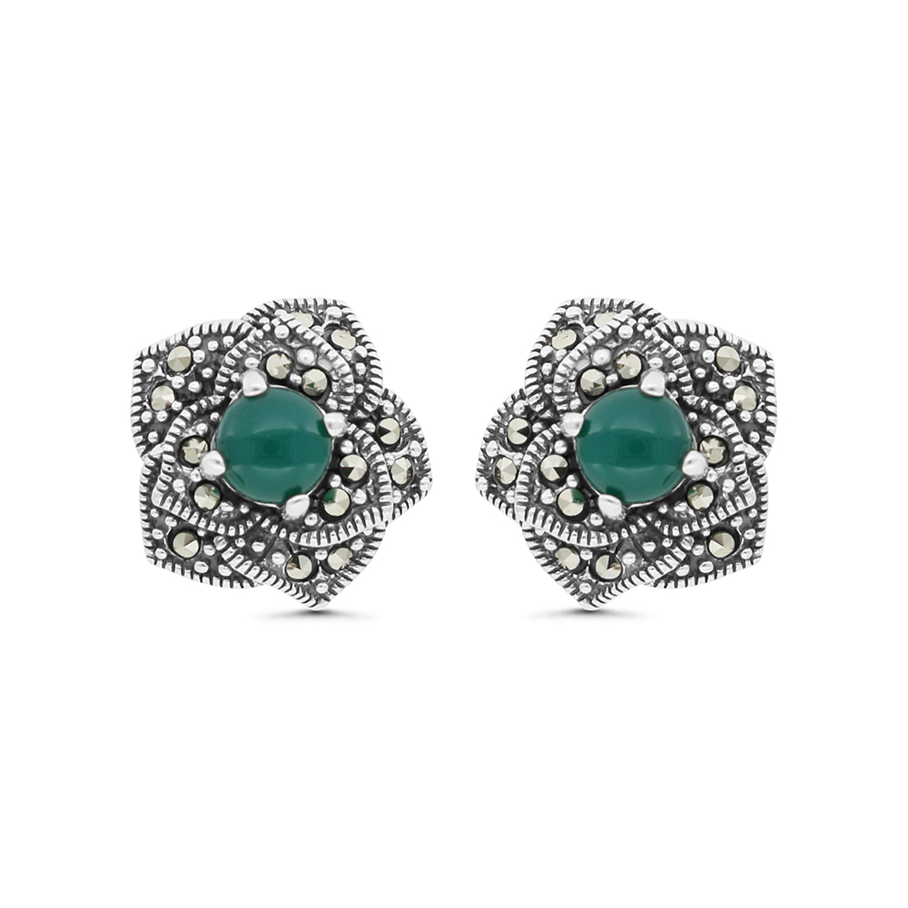 Sterling Silver 925 Earring Embedded With Natural Green Agate And Marcasite Stones