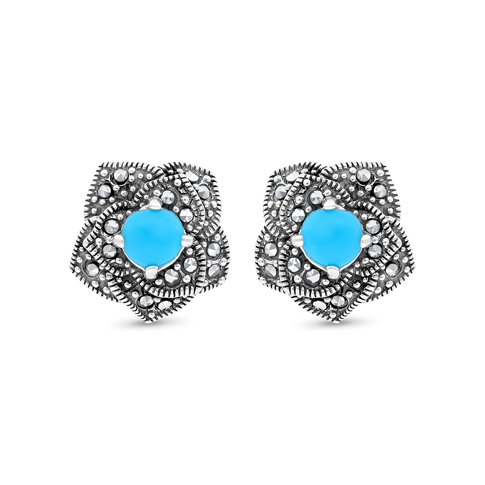 Sterling Silver 925 Earring Embedded With Natural Processed Turquoise And Marcasite Stones