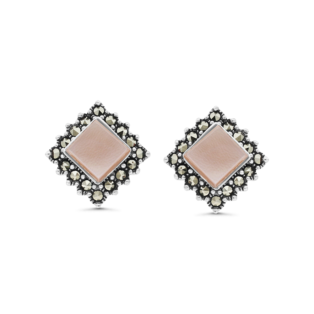 Sterling Silver 925 Earring Embedded With Natural Pink Shell And Marcasite Stones
