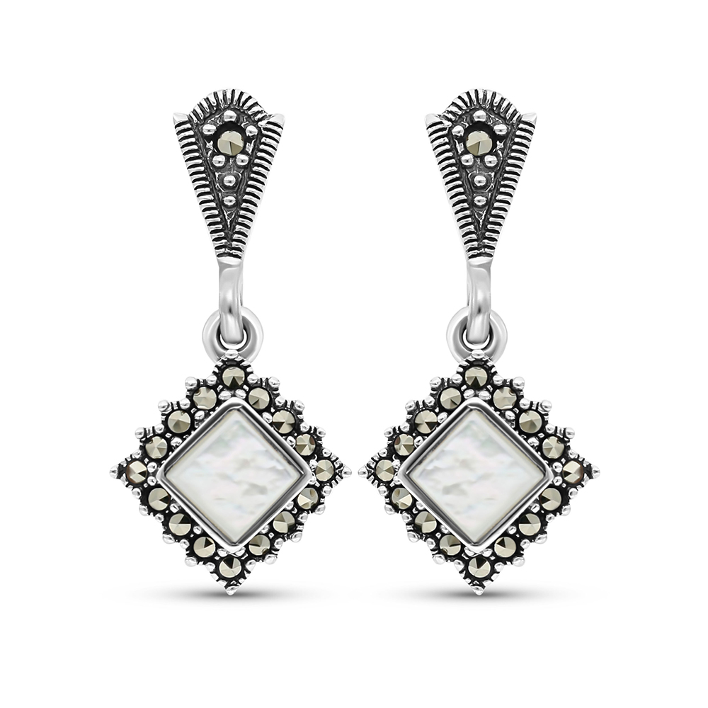 Sterling Silver 925 Earring Embedded With Natural White Shell And Marcasite Stones