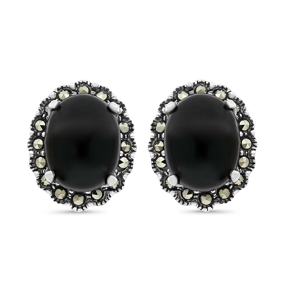 Sterling Silver 925 Earring Embedded With Natural Black Agate And Marcasite Stones