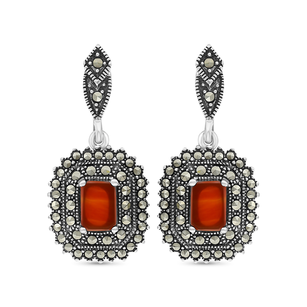 Sterling Silver 925 Earring Embedded With Natural Aqiq And Marcasite Stones