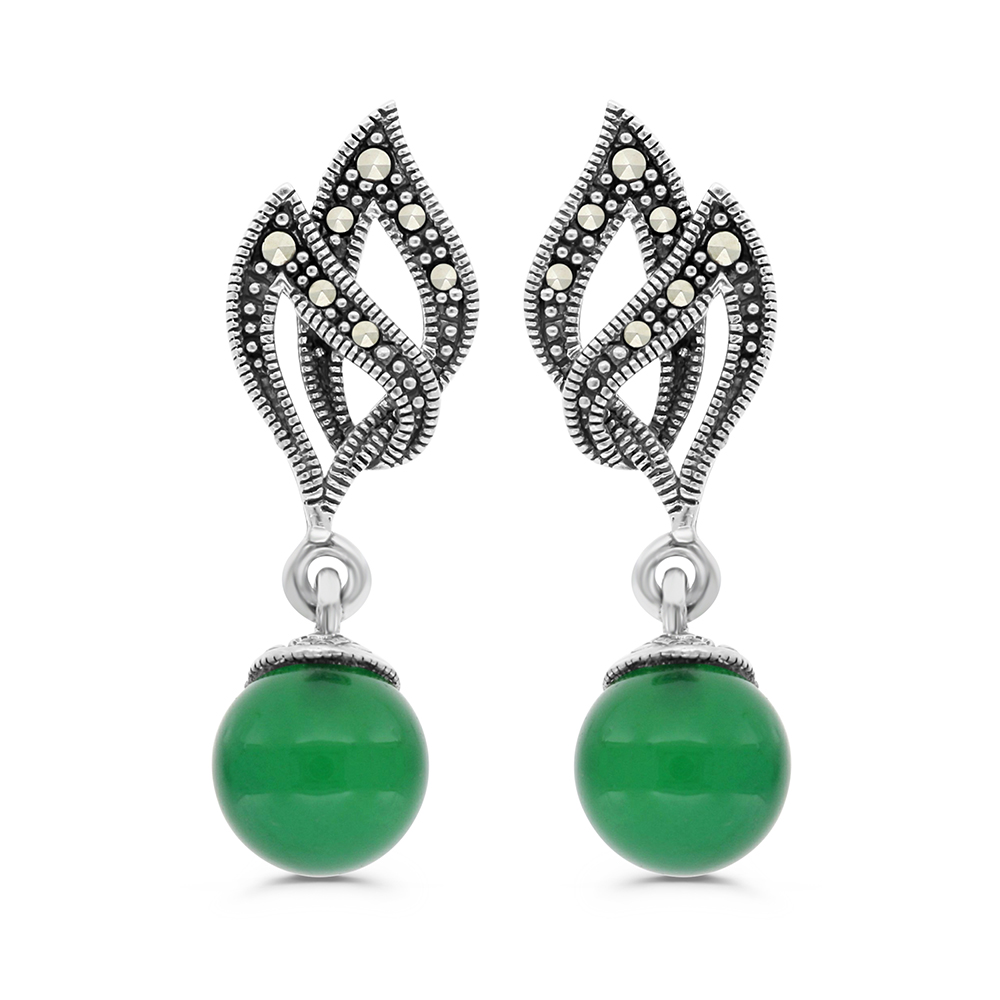 Sterling Silver 925 Earring Embedded With Natural Green Agate And Marcasite Stones