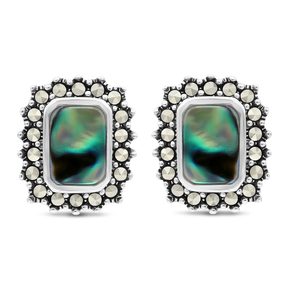 Sterling Silver 925 Earring Embedded With Natural Blue Shell And Marcasite Stones