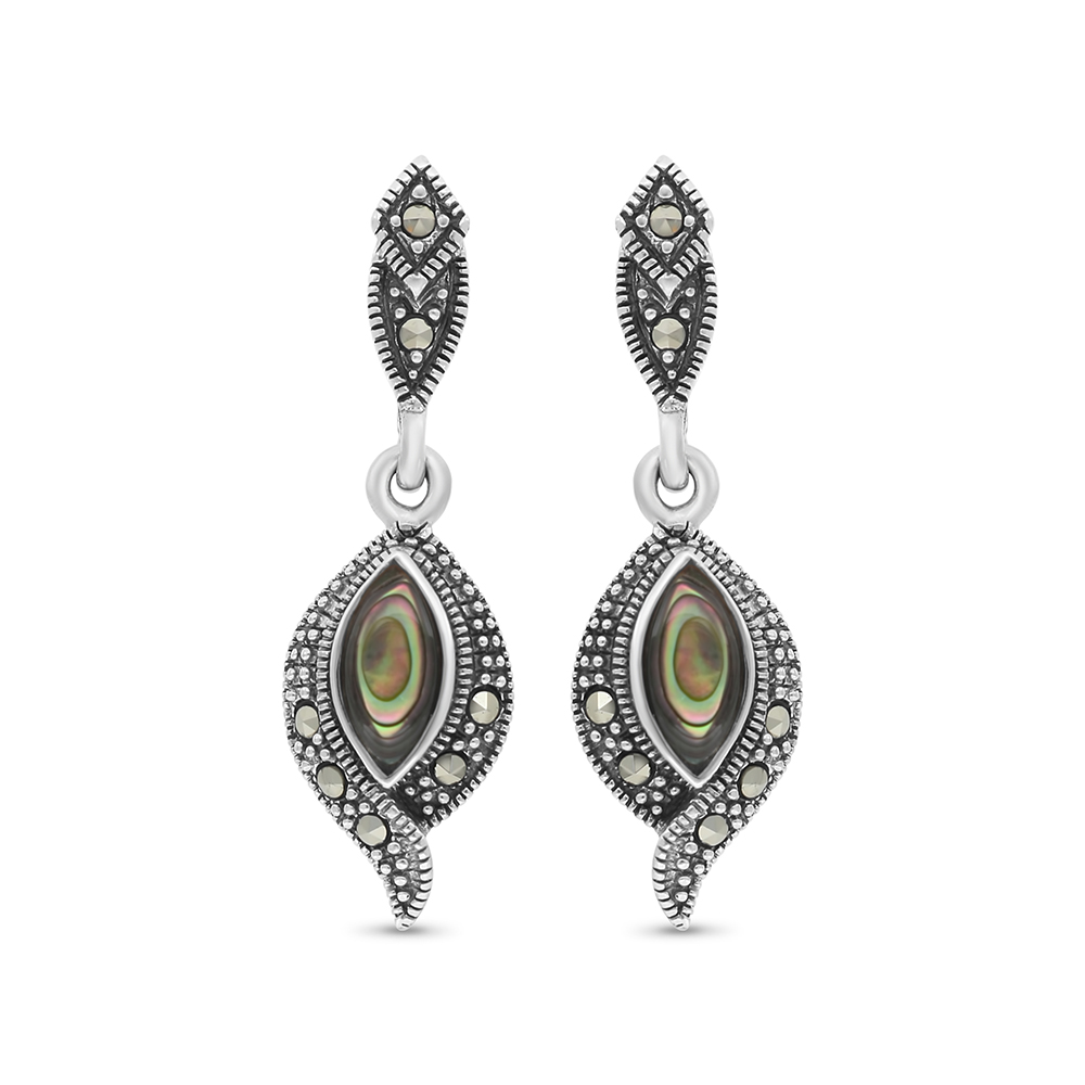 Sterling Silver 925 Earring Embedded With Natural Blue Shell And Marcasite Stones