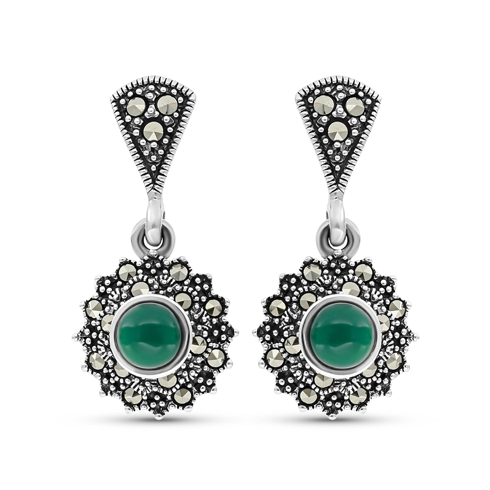 Sterling Silver 925 Earring Embedded With Natural Green Agate And Marcasite Stones