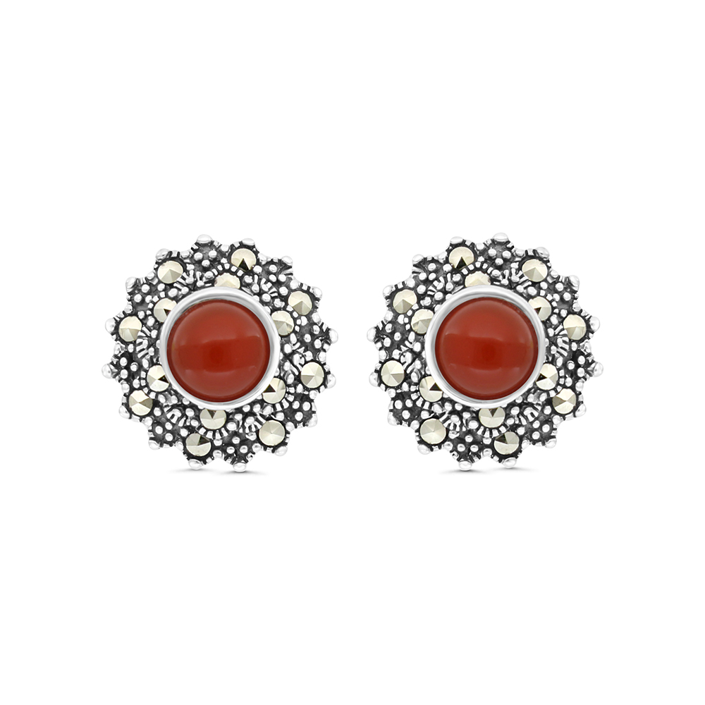 Sterling Silver 925 Earring Embedded With Natural Aqiq And Marcasite Stones