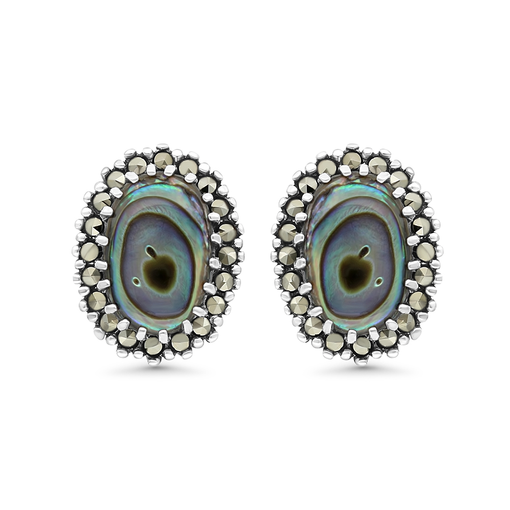 Sterling Silver 925 Earring Embedded With Natural Blue Shell And Marcasite Stones
