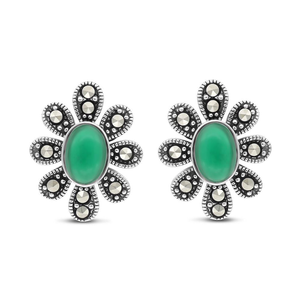 Sterling Silver 925 Earring Embedded With Natural Green Agate And Marcasite Stones