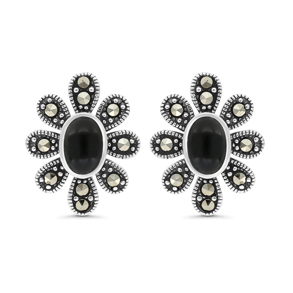 Sterling Silver 925 Earring Embedded With Natural Black Agate And Marcasite Stones