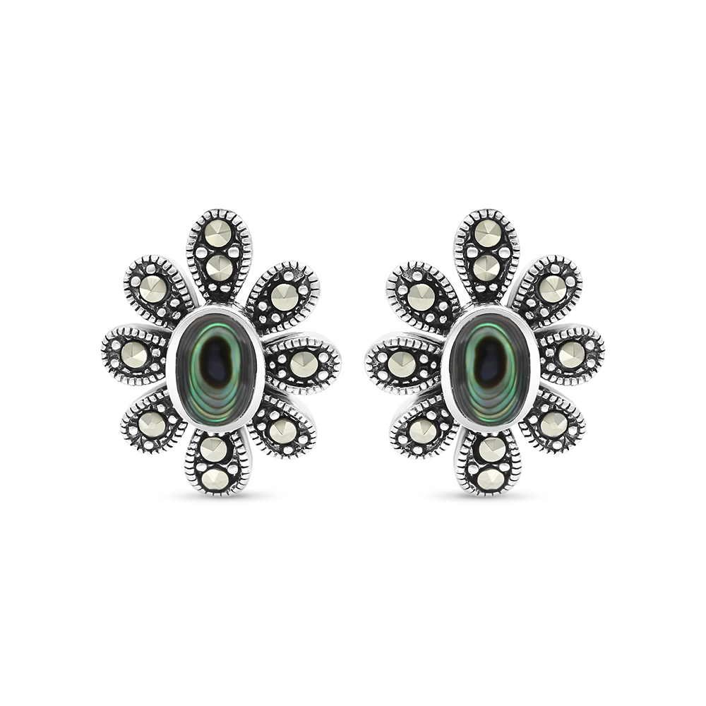 Sterling Silver 925 Earring Embedded With Natural Blue Shell And Marcasite Stones