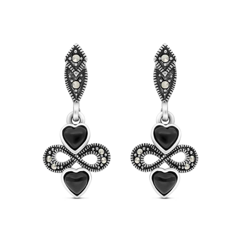 Sterling Silver 925 Earring Embedded With Natural Black Agate And Marcasite Stones