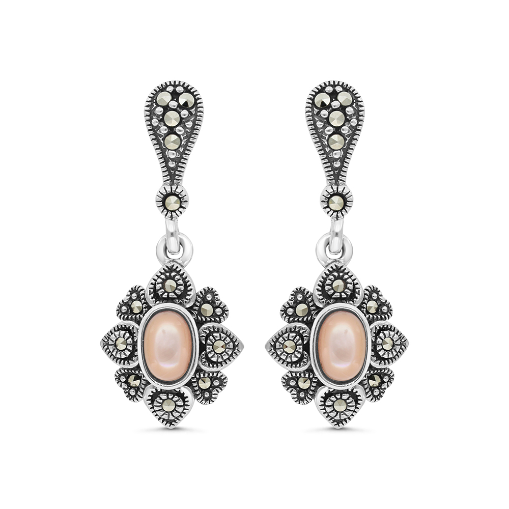 Sterling Silver 925 Earring Embedded With Natural Pink Shell And Marcasite Stones