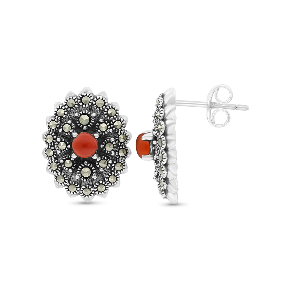 Sterling Silver 925 Earring Embedded With Natural Aqiq And Marcasite Stones