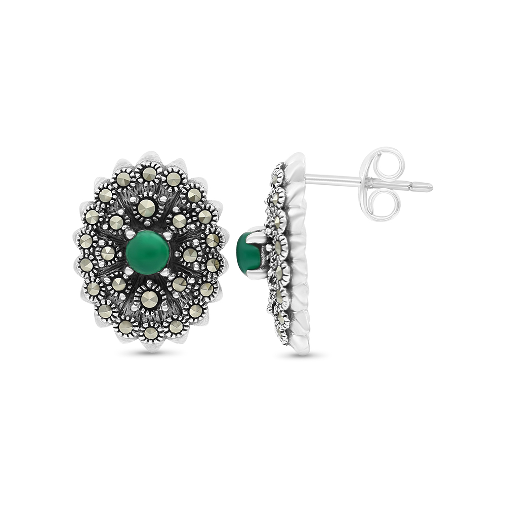 Sterling Silver 925 Earring Embedded With Natural Green Agate And Marcasite Stones