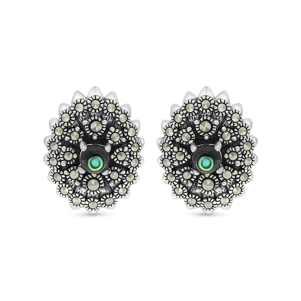 Sterling Silver 925 Earring Embedded With Natural Blue Shell And Marcasite Stones