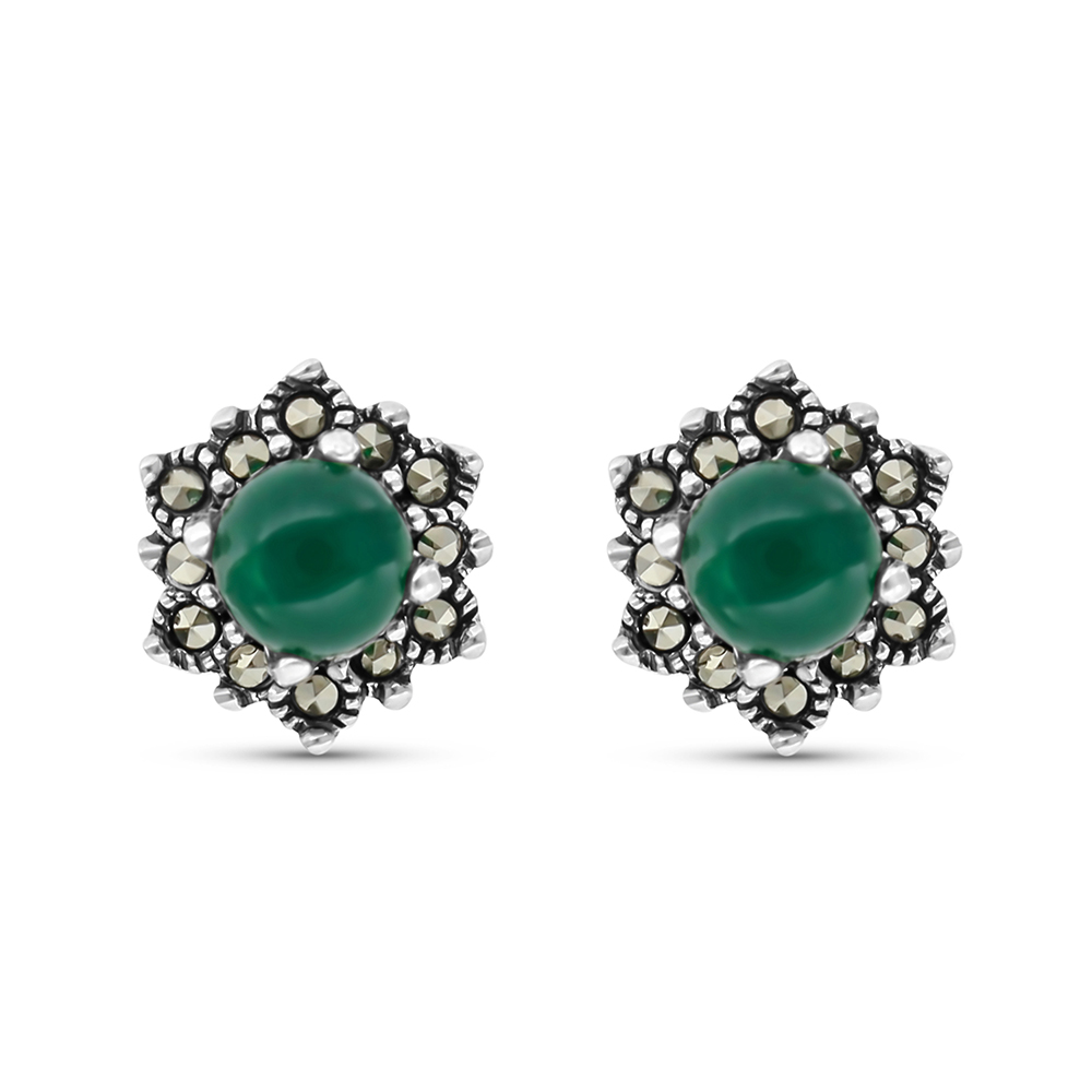 Sterling Silver 925 Earring Embedded With Natural Green Agate And Marcasite Stones