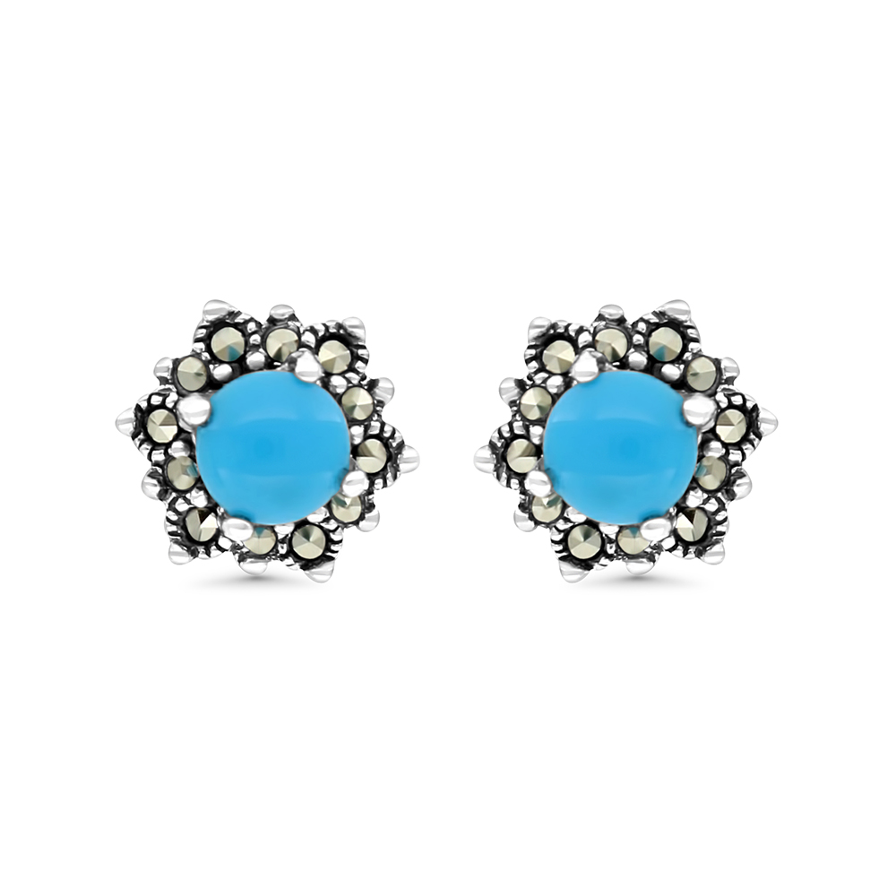 Sterling Silver 925 Earring Embedded With Natural Processed Turquoise And Marcasite Stones