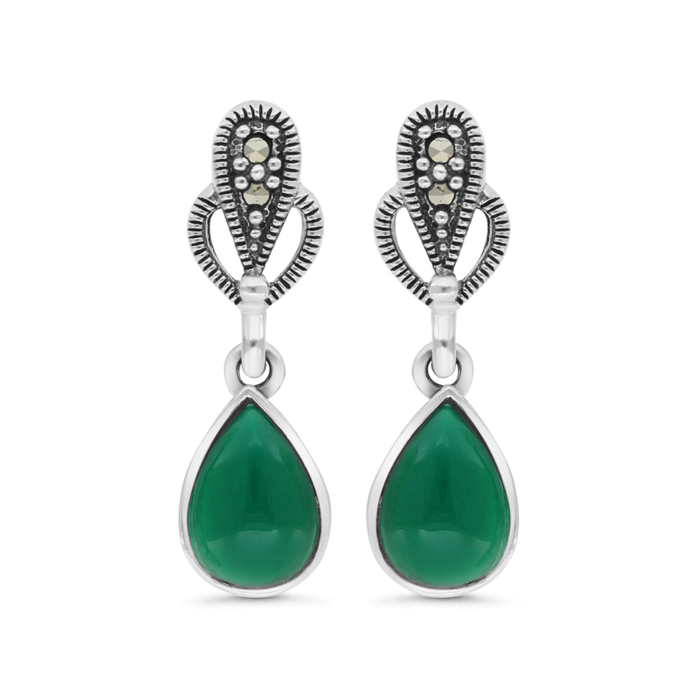 Sterling Silver 925 Earring Embedded With Natural Green Agate And Marcasite Stones