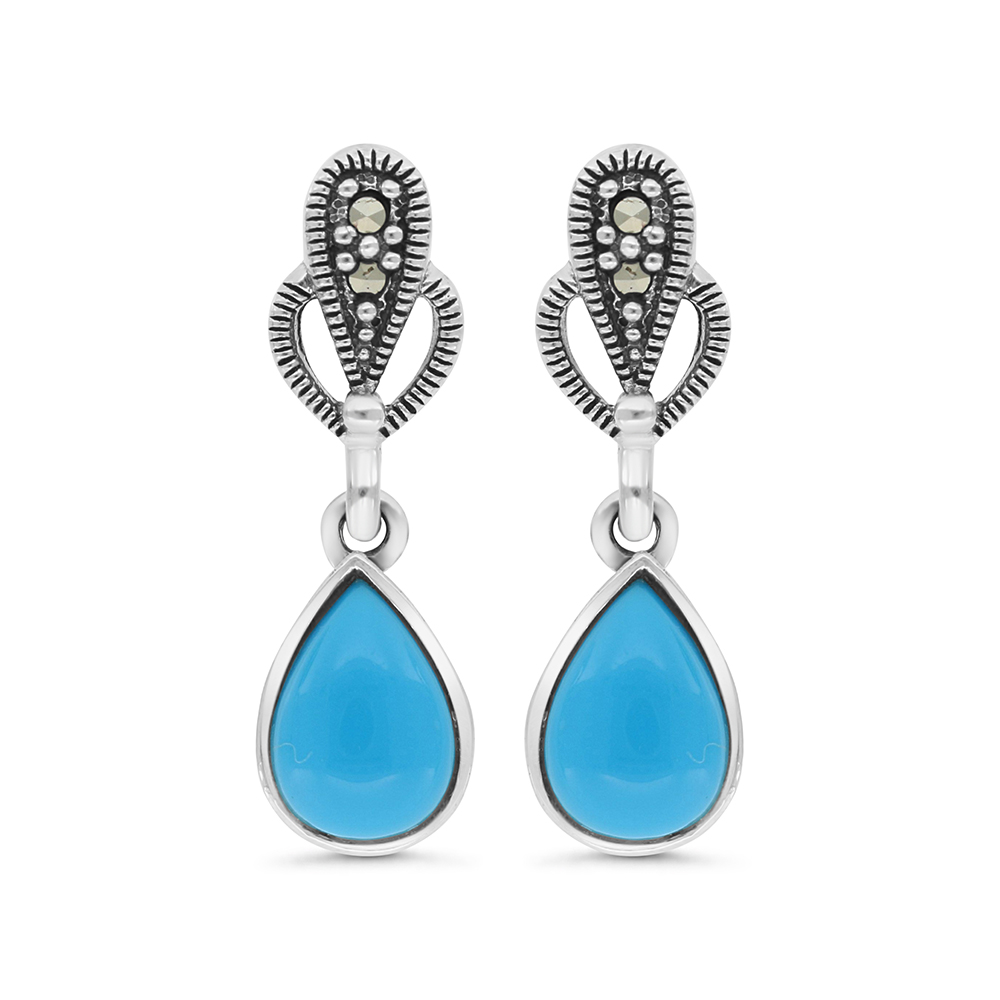 Sterling Silver 925 Earring Embedded With Natural Processed Turquoise And Marcasite Stones