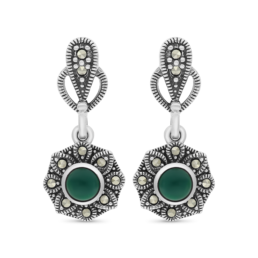 Sterling Silver 925 Earring Embedded With Natural Green Agate And Marcasite Stones