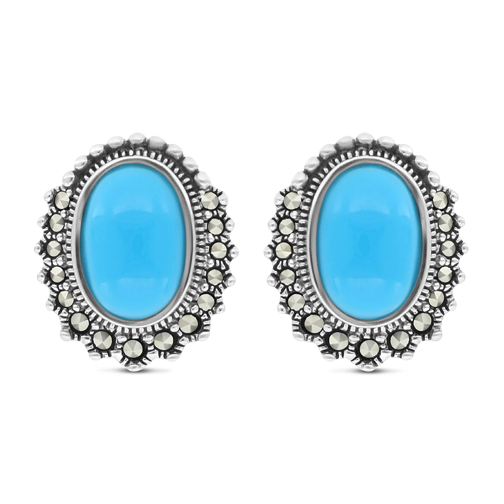 Sterling Silver 925 Earring Embedded With Natural Processed Turquoise And Marcasite Stones