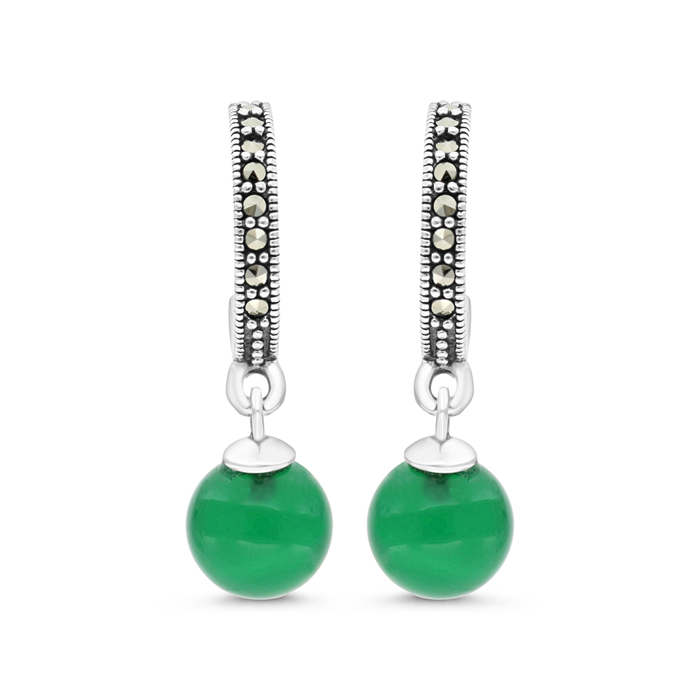 Sterling Silver 925 Earring Embedded With Natural Green Agate And Marcasite Stones