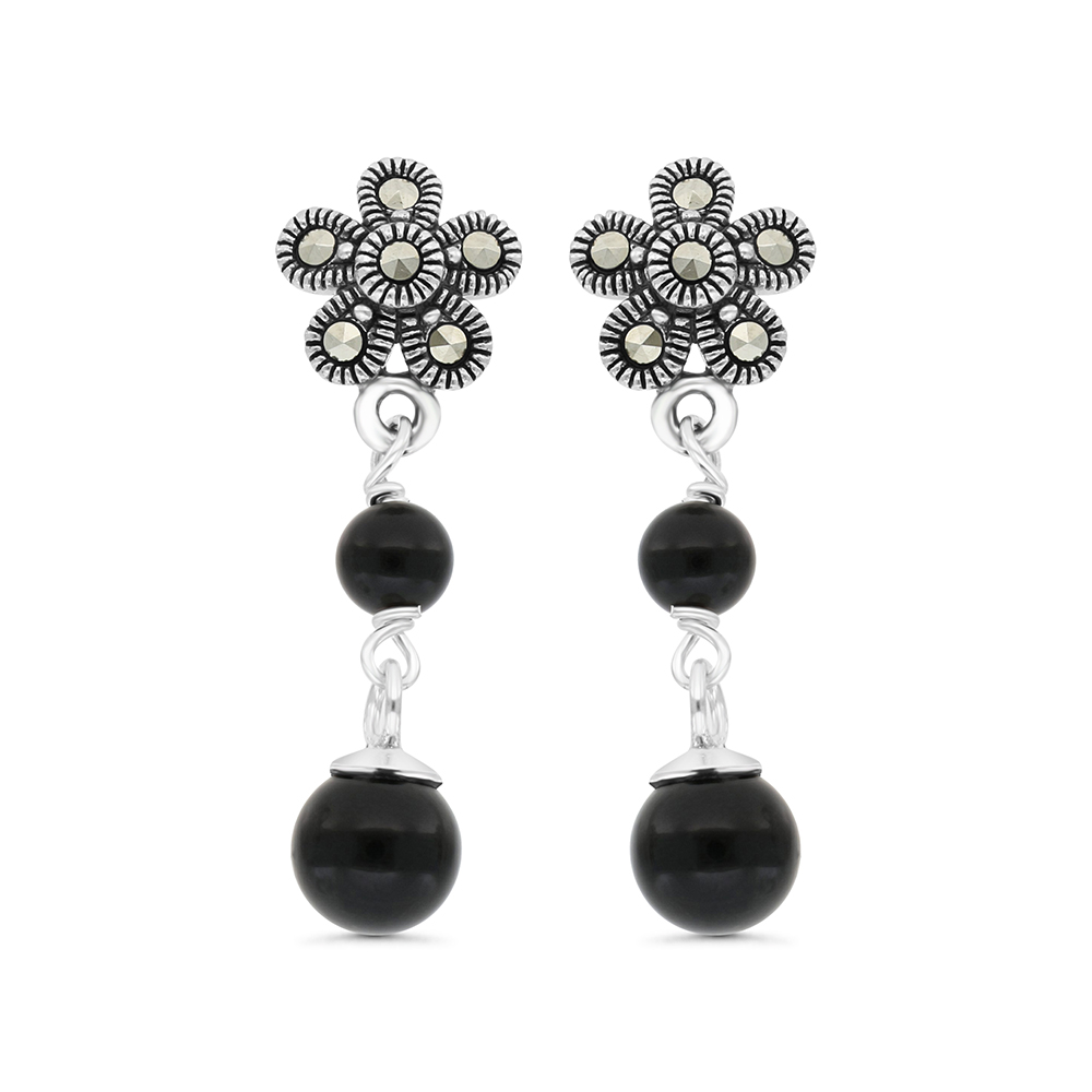 Sterling Silver 925 Earring Embedded With Natural Black Agate And Marcasite Stones