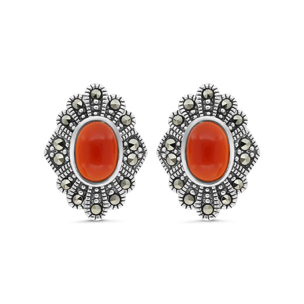 Sterling Silver 925 Earring Embedded With Natural Aqiq And Marcasite Stones