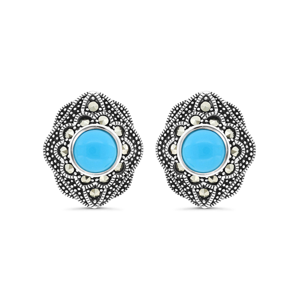 Sterling Silver 925 Earring Embedded With Natural Processed Turquoise And Marcasite Stones