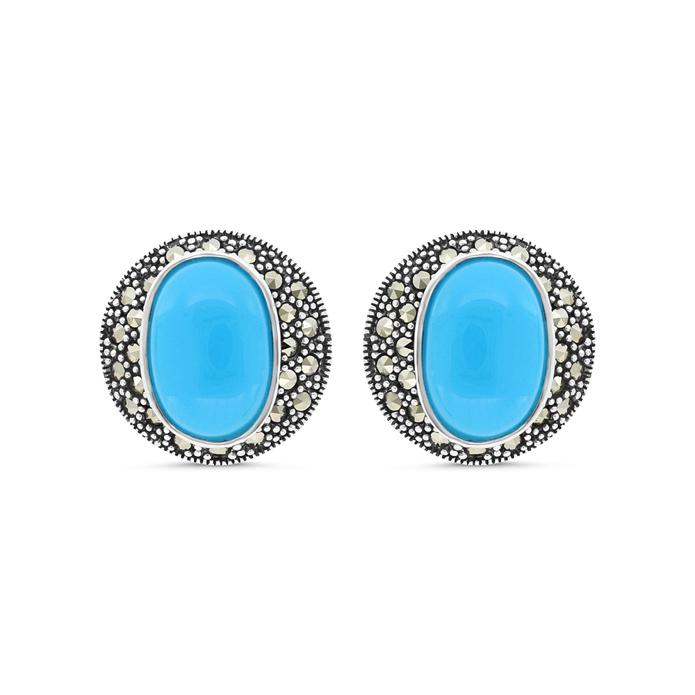 Sterling Silver 925 Earring Embedded With Natural Processed Turquoise And Marcasite Stones