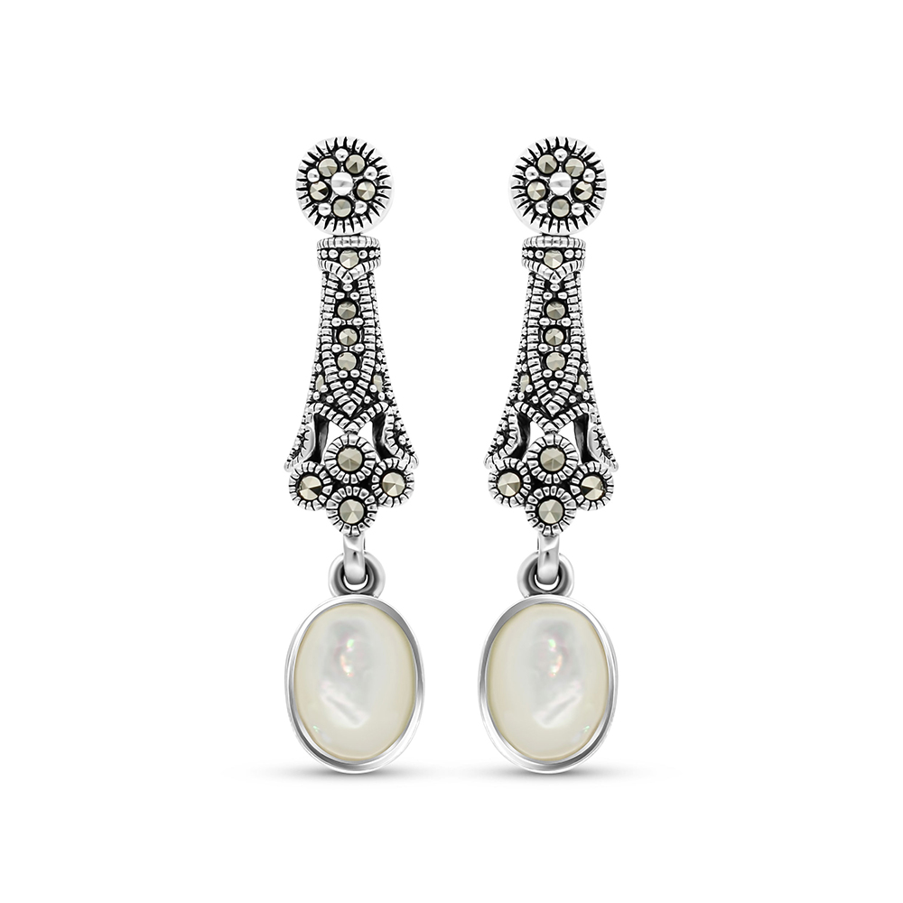 Sterling Silver 925 Earring Embedded With Natural White Shell And Marcasite Stones