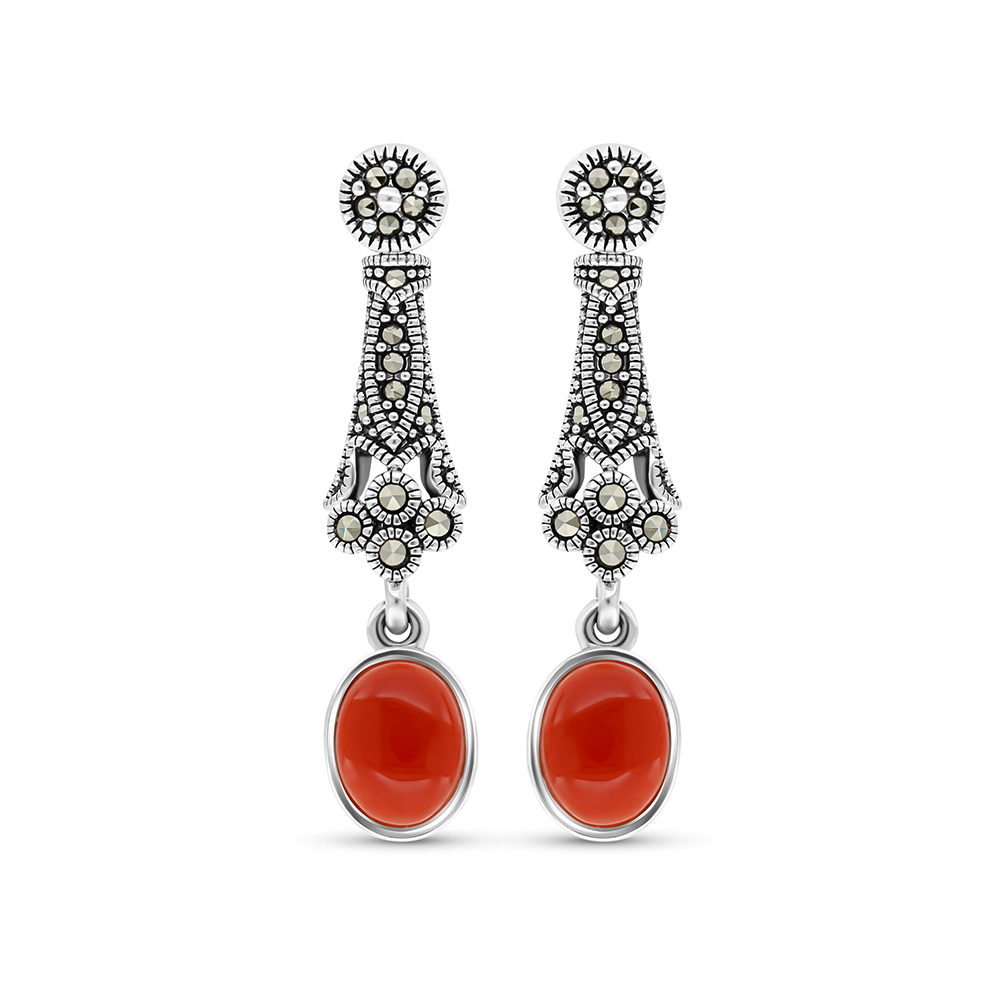 Sterling Silver 925 Earring Embedded With Natural Aqiq And Marcasite Stones
