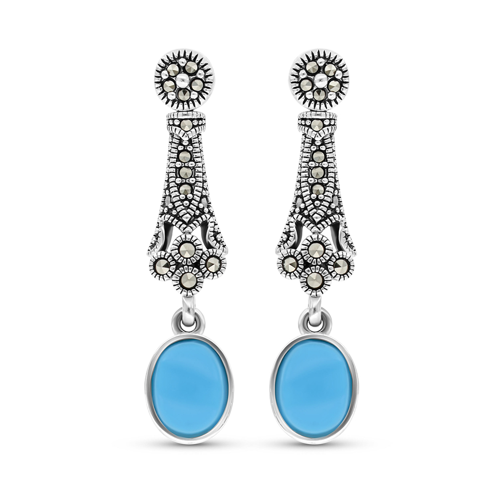 Sterling Silver 925 Earring Embedded With Natural Processed Turquoise And Marcasite Stones