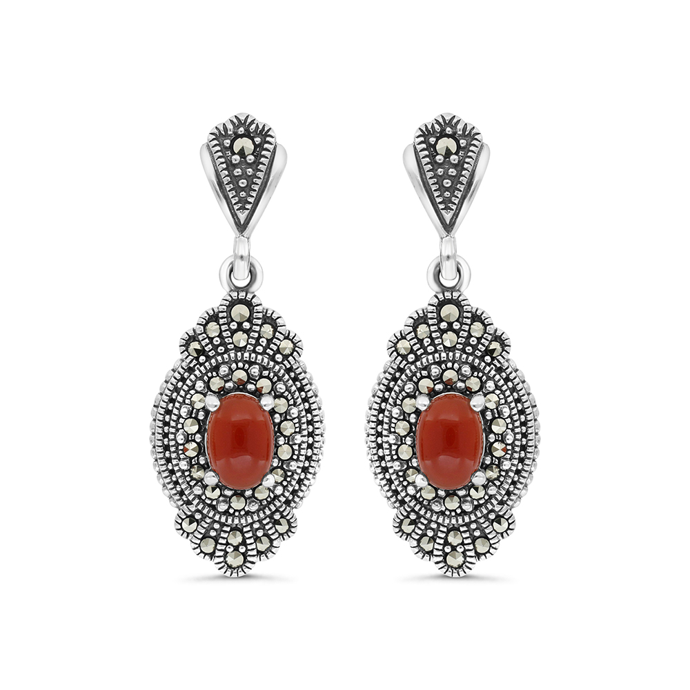 Sterling Silver 925 Earring Embedded With Natural Aqiq And Marcasite Stones